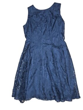 Danny & Nicole Dark Blue Lace Fit-and-Flare Formal Dress